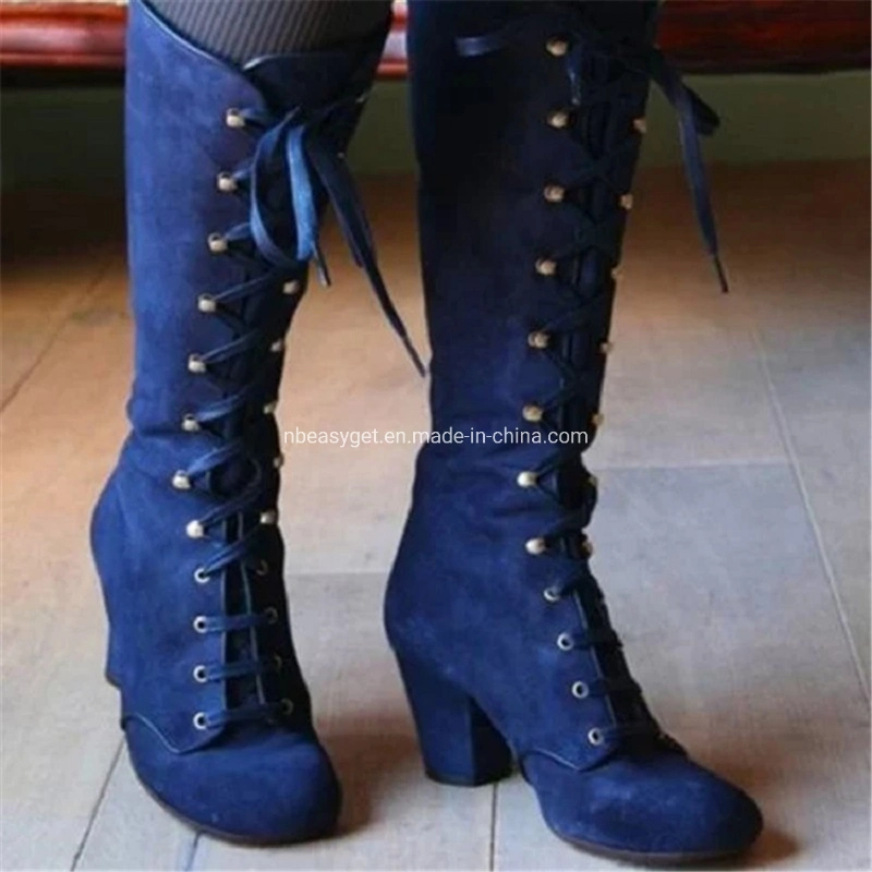 Womens Strappy Lace-up Knee High Combat Stacked Low Heel Zipper Stacked Heel Boots Esg13488