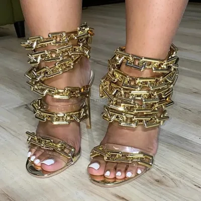 Kette Sandalen Sommer Heißer Verkauf Party High Heels Luxus Meatal Kette Damen Schuhe